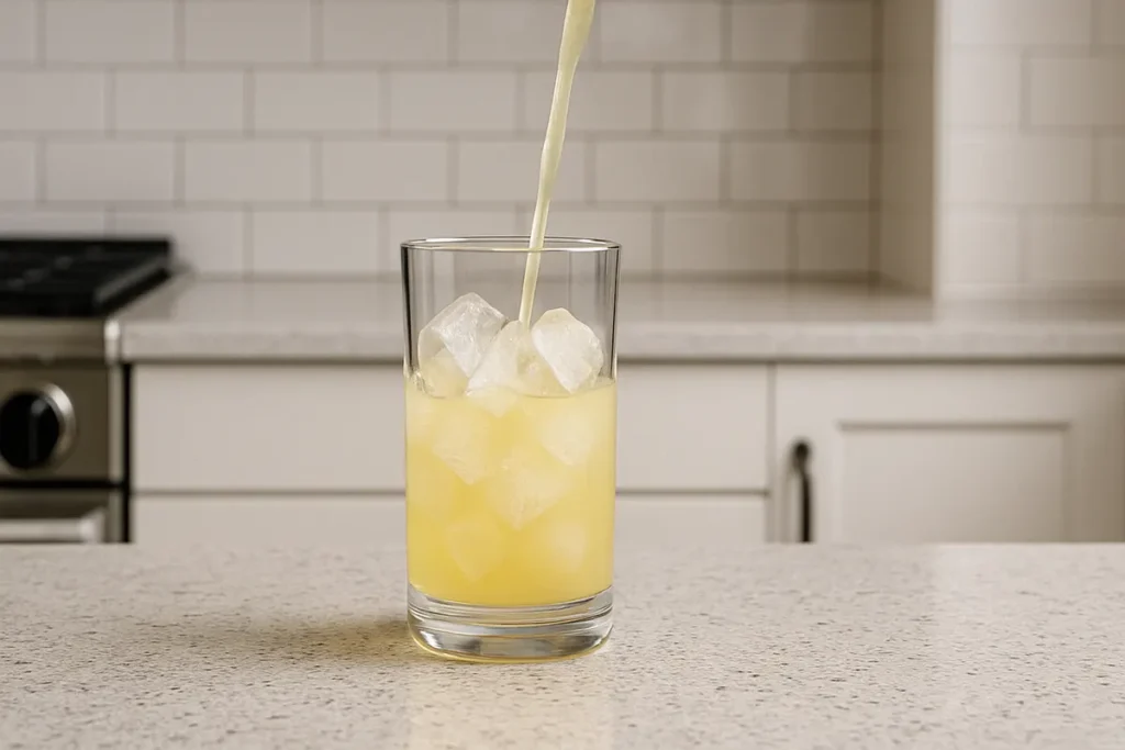 On a clean kitchen surface, a glass containing seven ice cubes stands poised for the creation of an Arnold Palmer drink, framed by soft lighting, white tile, and stainless steel finishes.