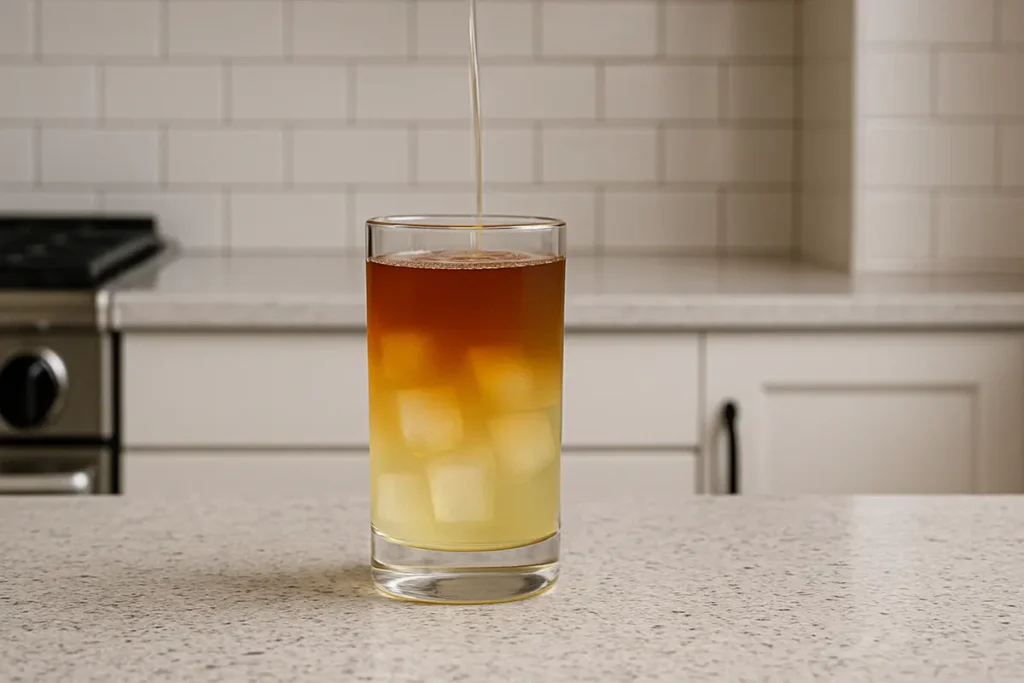 A tall glass filled with seven ice cubes is placed on a speckled quartz counter in a bright kitchen, the first step in making a refreshing Arnold Palmer drink.