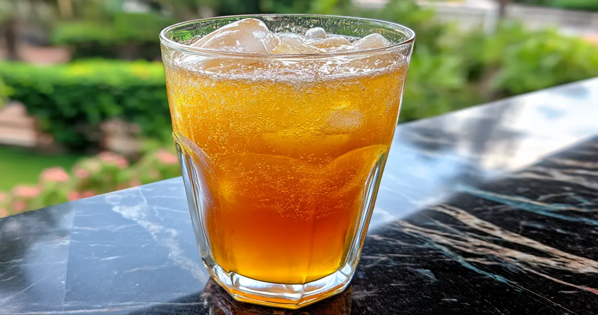 A tall glass of Arnold Palmer drink with ice, showing the beautiful gradient between golden lemonade and amber iced tea, garnished with a lemon slice and mint