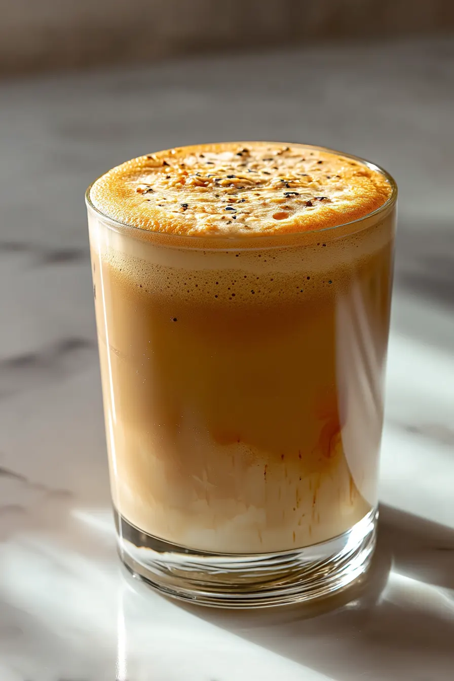 Creamy salted tahini latte in a clear mug topped with sesame seeds and honeycomb
