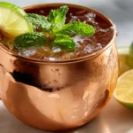 Refreshing Moscow Mule mocktail in a copper mug with lime and mint garnish