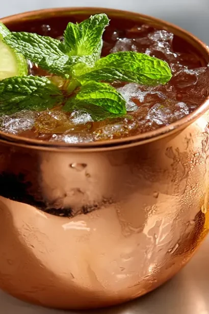Refreshing Moscow Mule mocktail in a copper mug with lime and mint garnish