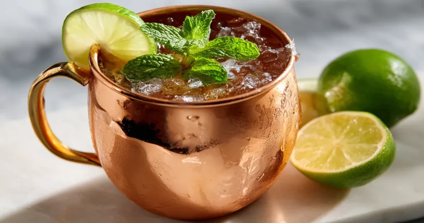 Refreshing Moscow Mule mocktail in a copper mug with lime and mint garnish