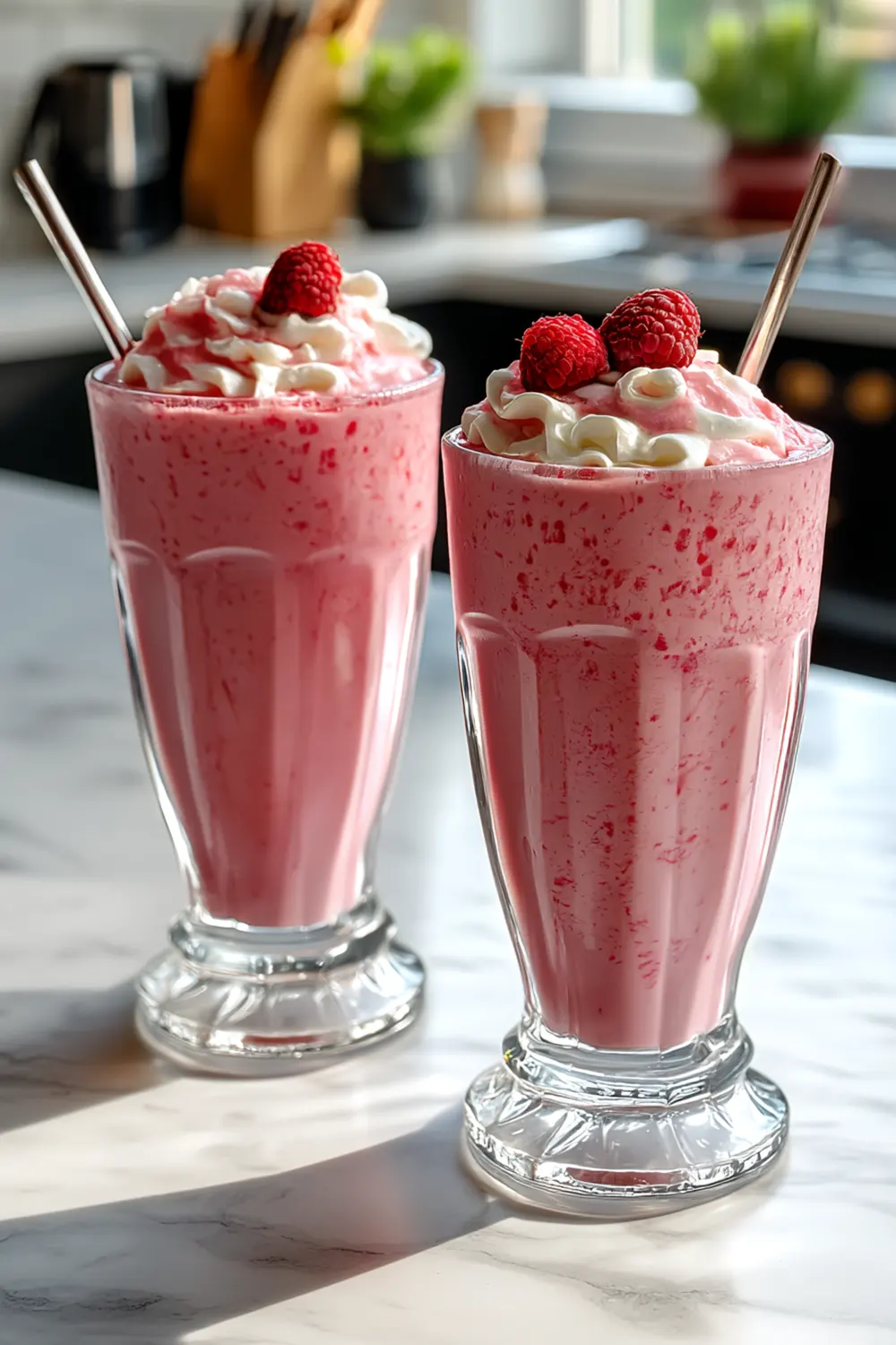 Two tall glasses of bright pink homemade raspberry shake topped with fresh raspberries, showing the creamy texture and vibrant color of this quick and easy dessert.