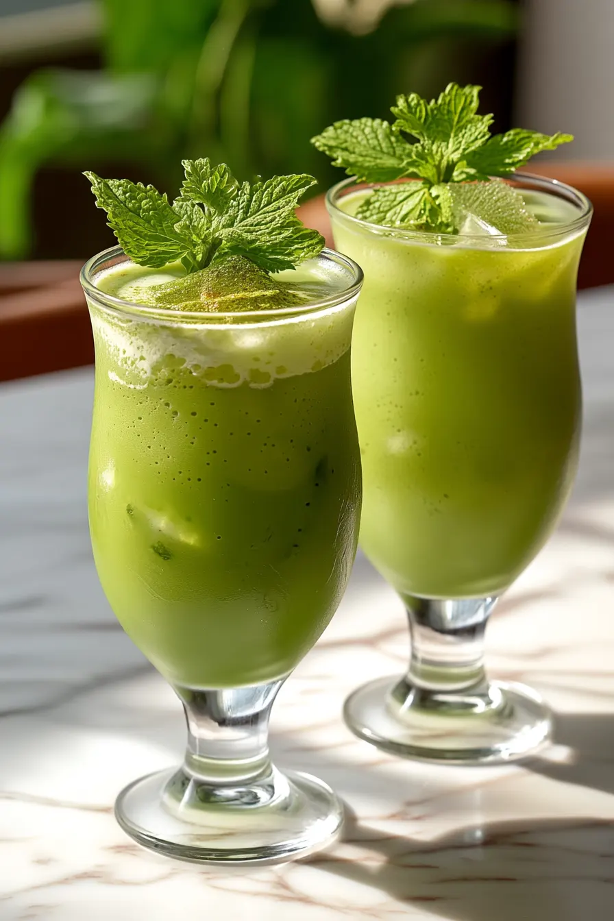Vibrant green matcha pineapple mint mocktail in a tall glass with ice, garnished with fresh mint leaves and a pineapple wedge