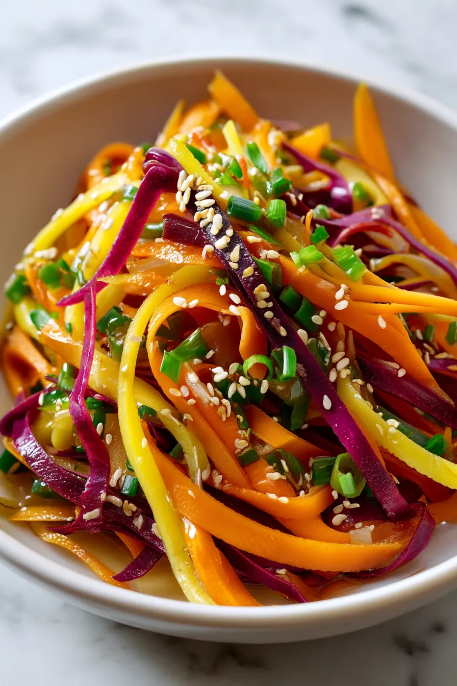 Close-up of anti-aging carrot salad showing vibrant rainbow carrot ribbons with Korean dressing