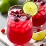 Festive Cranberry Lime Mocktail Recipe 5 glasses of cranberry lime mocktail garnished with lime slices and fresh cranberries