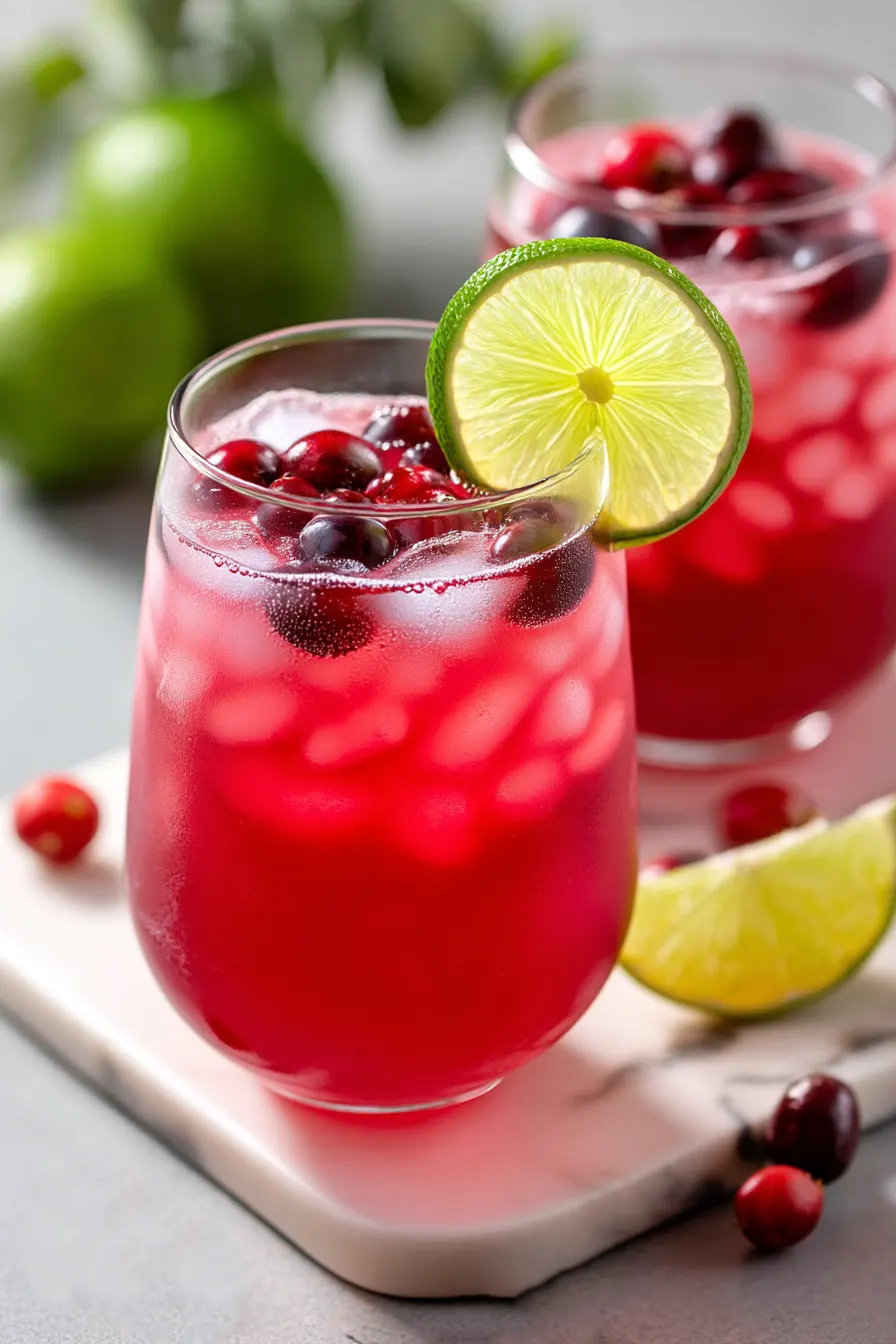 glasses of cranberry lime mocktail garnished with lime slices and fresh cranberries