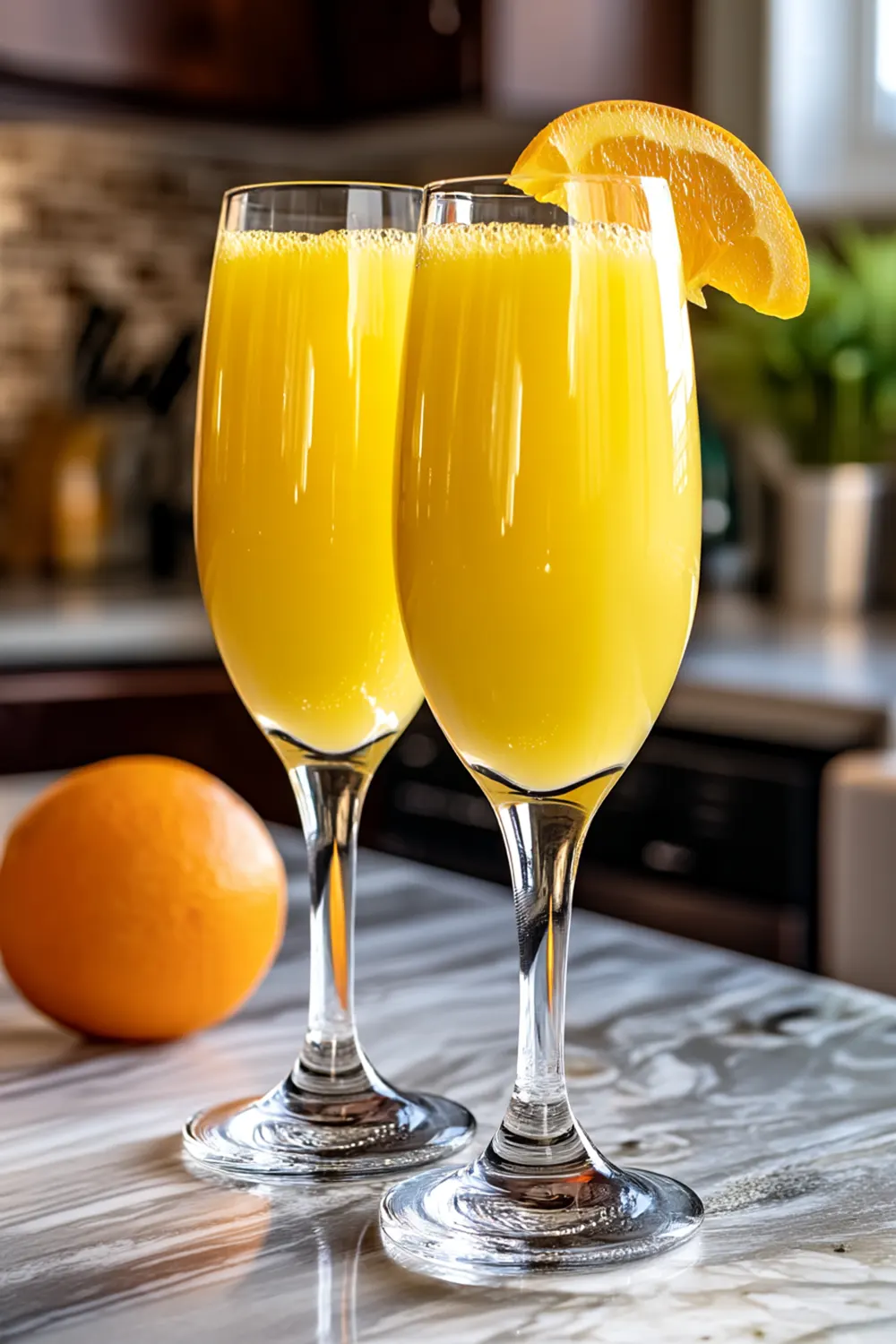 Elegant champagne flute filled with golden orange mimosa mocktail garnished with fresh orange slice
